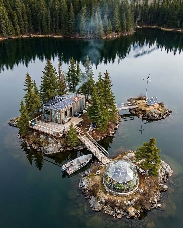 Small off-grid cabin and geodesic dome on rocky islands in a forest lake