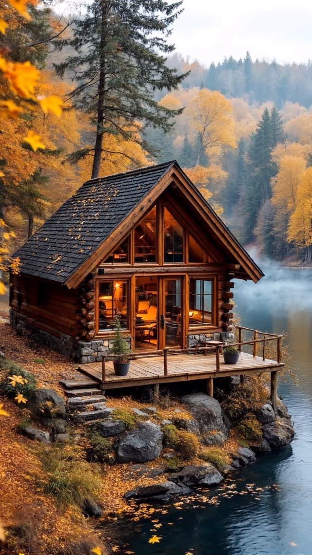 Log cabin with a wooden deck on a rocky riverbank during autumn.