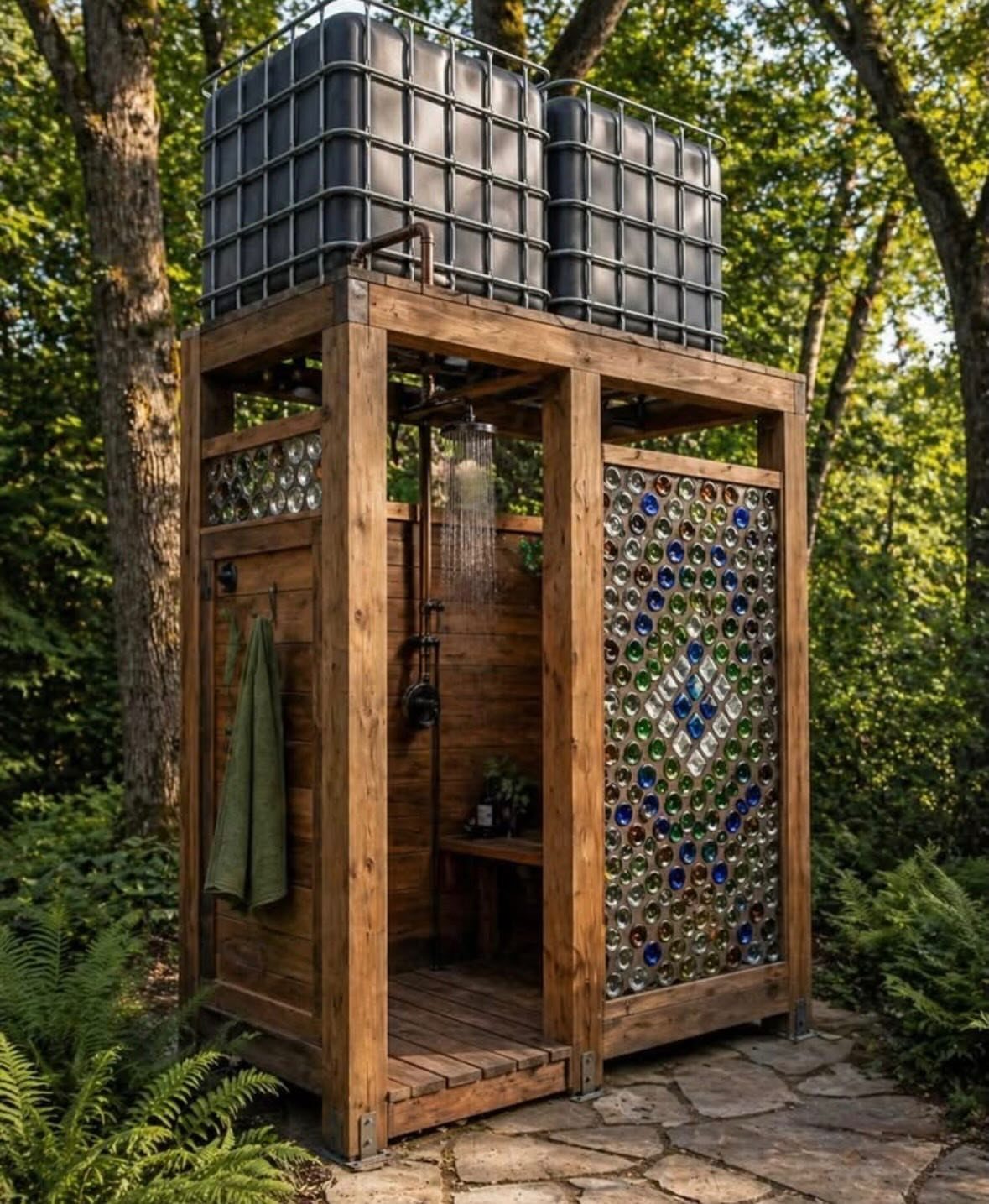 Outdoor wooden shower with glass bottle wall and rooftop water storage tanks