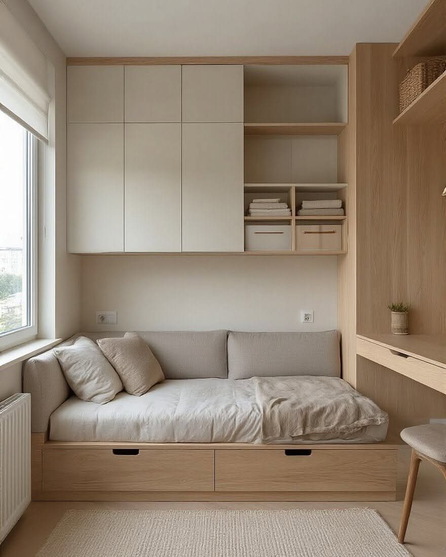 Low-profile bed with wooden storage drawers in a minimalist white studio apartment.
