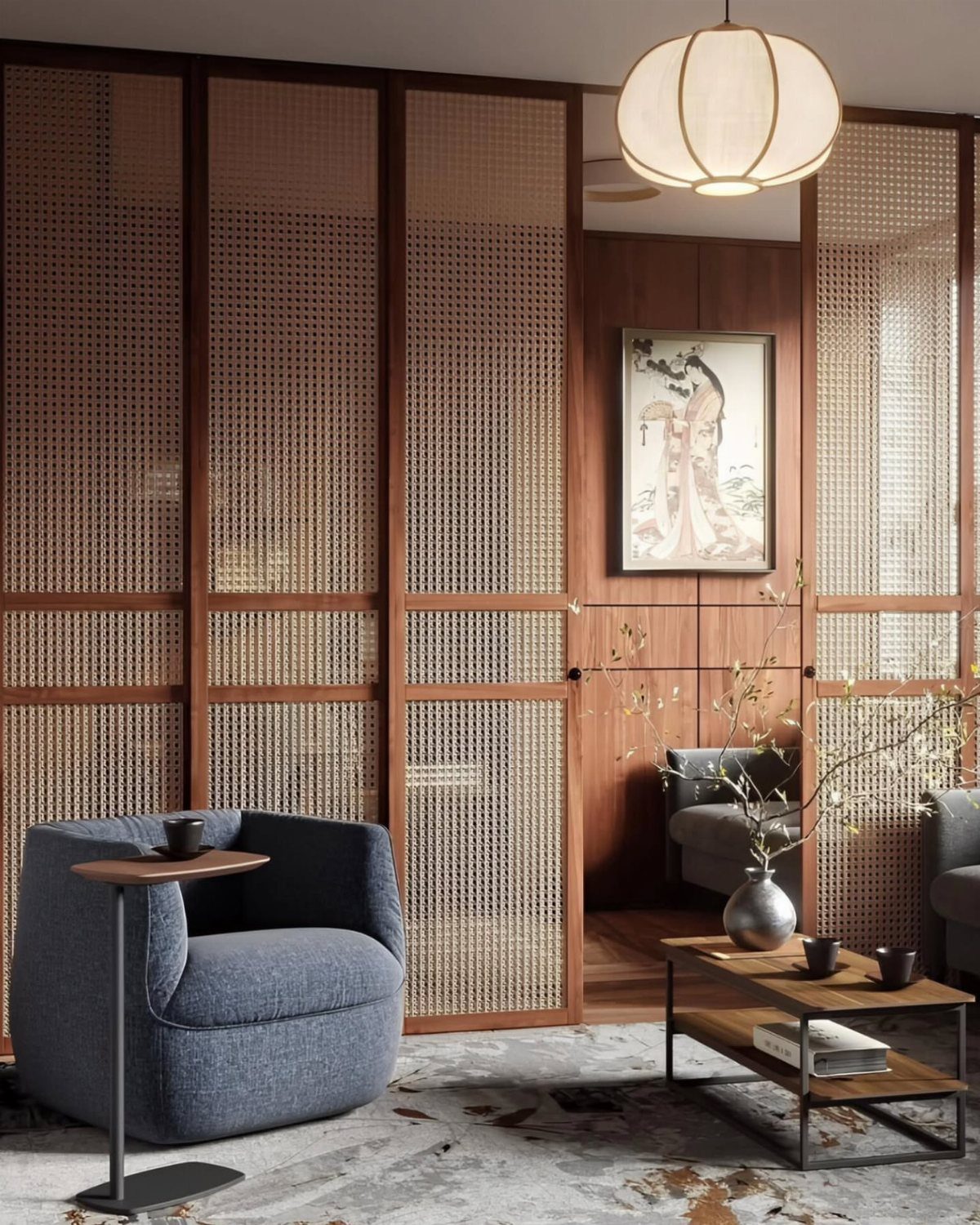 Sliding bamboo room dividers separating a living area from a bedroom space.