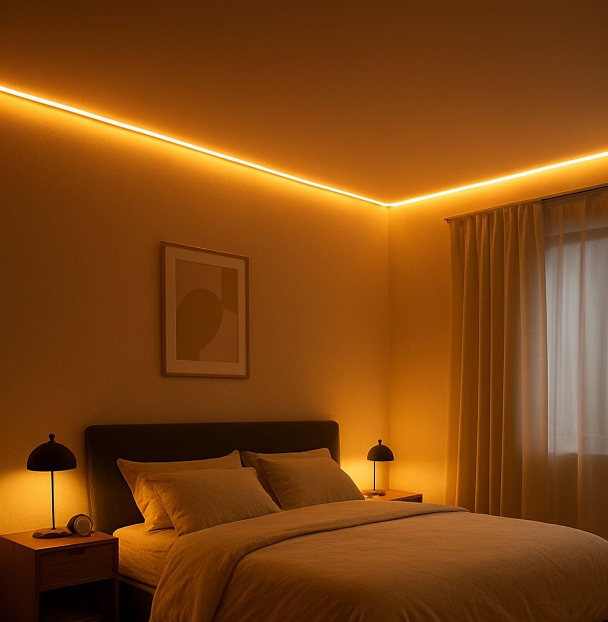 Bedroom with warm ambient lighting from ceiling LED strips and bedside lamps.