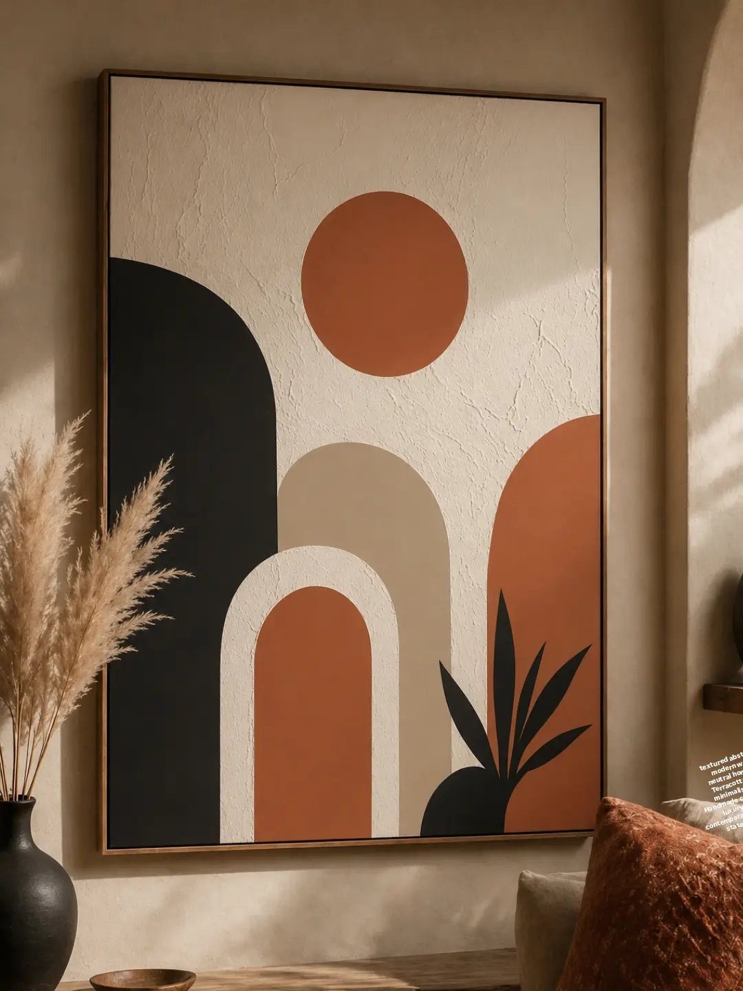 Large abstract geometric painting in terracotta and black hanging on a neutral wall