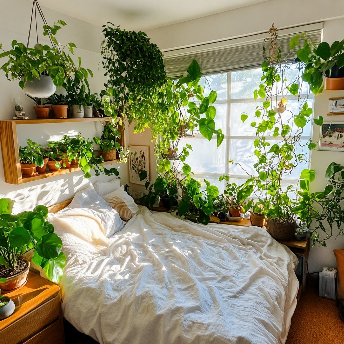 Bedroom filled with lush green houseplants in pots surrounding a white bed