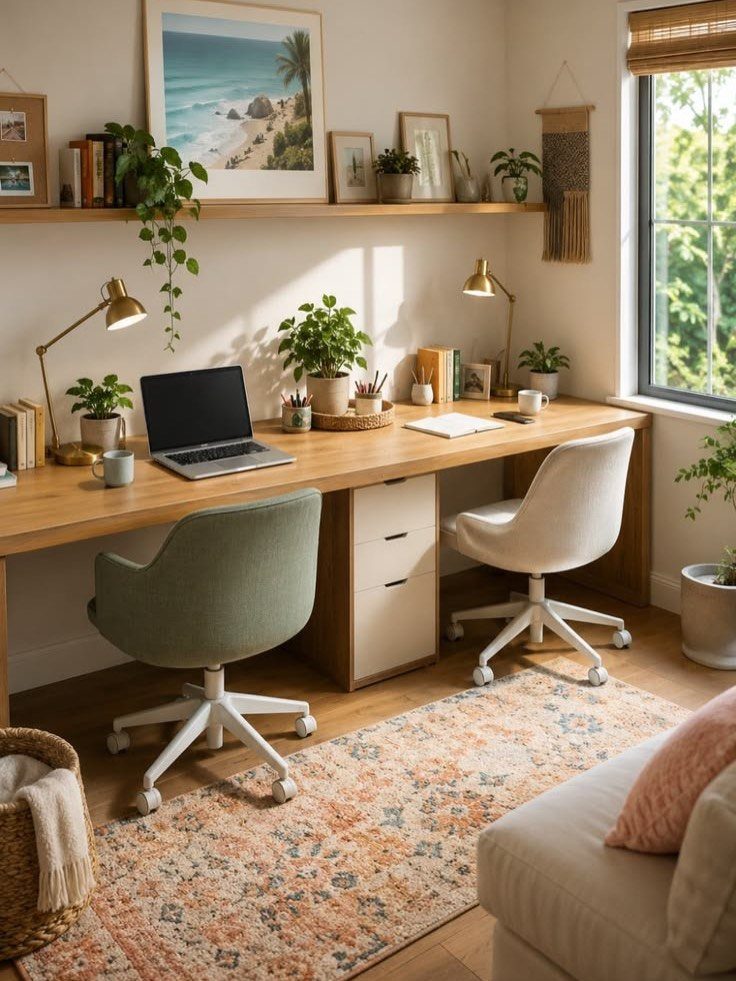Long wooden desk with two office chairs and plants on a patterned rug.
