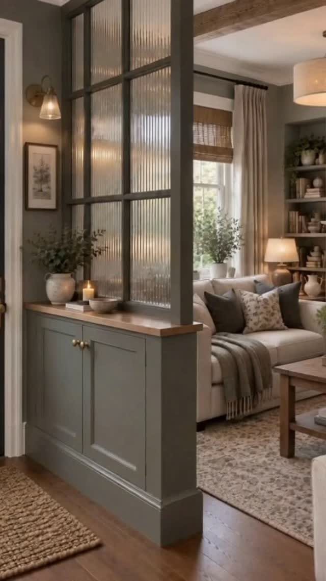 Room divider with fluted glass and grey cabinetry separating a cozy living room.