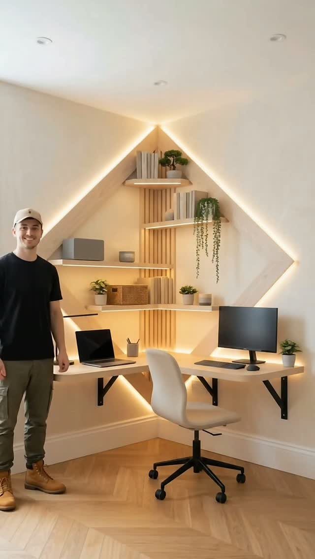 Corner workspace with light wood floating shelves, a desk, and warm LED lighting.