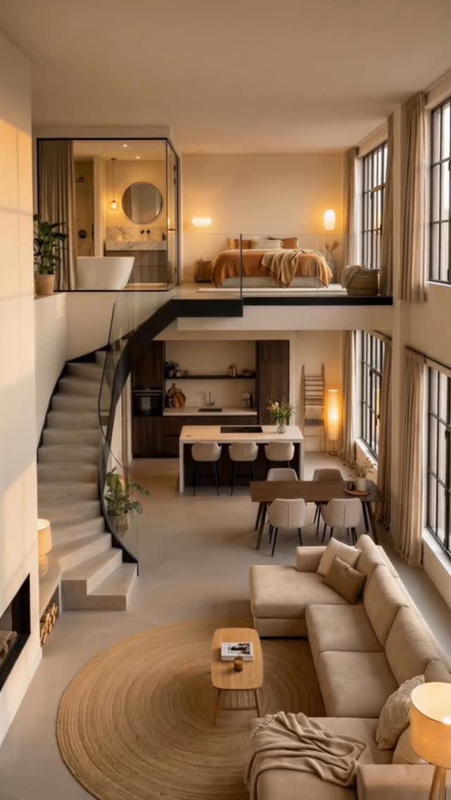 Open concept studio apartment with a lofted bedroom and neutral modern furnishings.