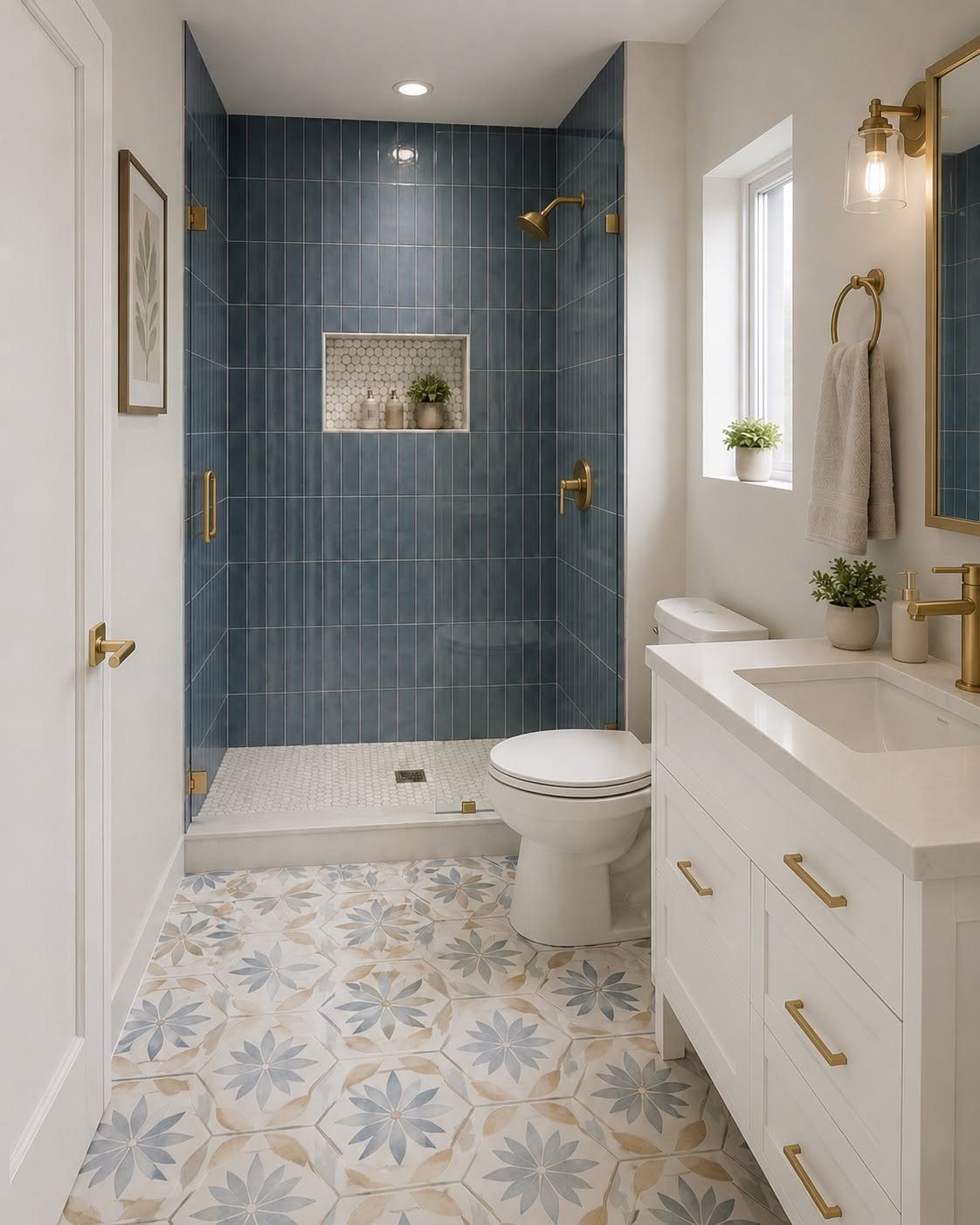 Blue tiled shower wall and patterned floor tiles in a small white bathroom.