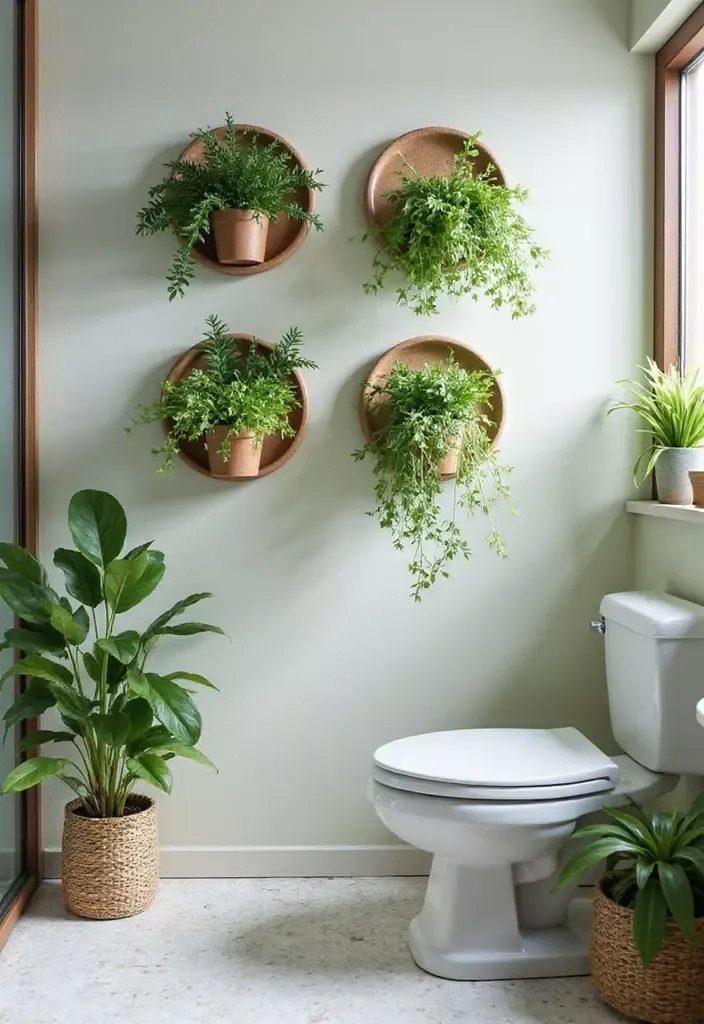 Green potted plants mounted on a white bathroom wall above a white toilet.