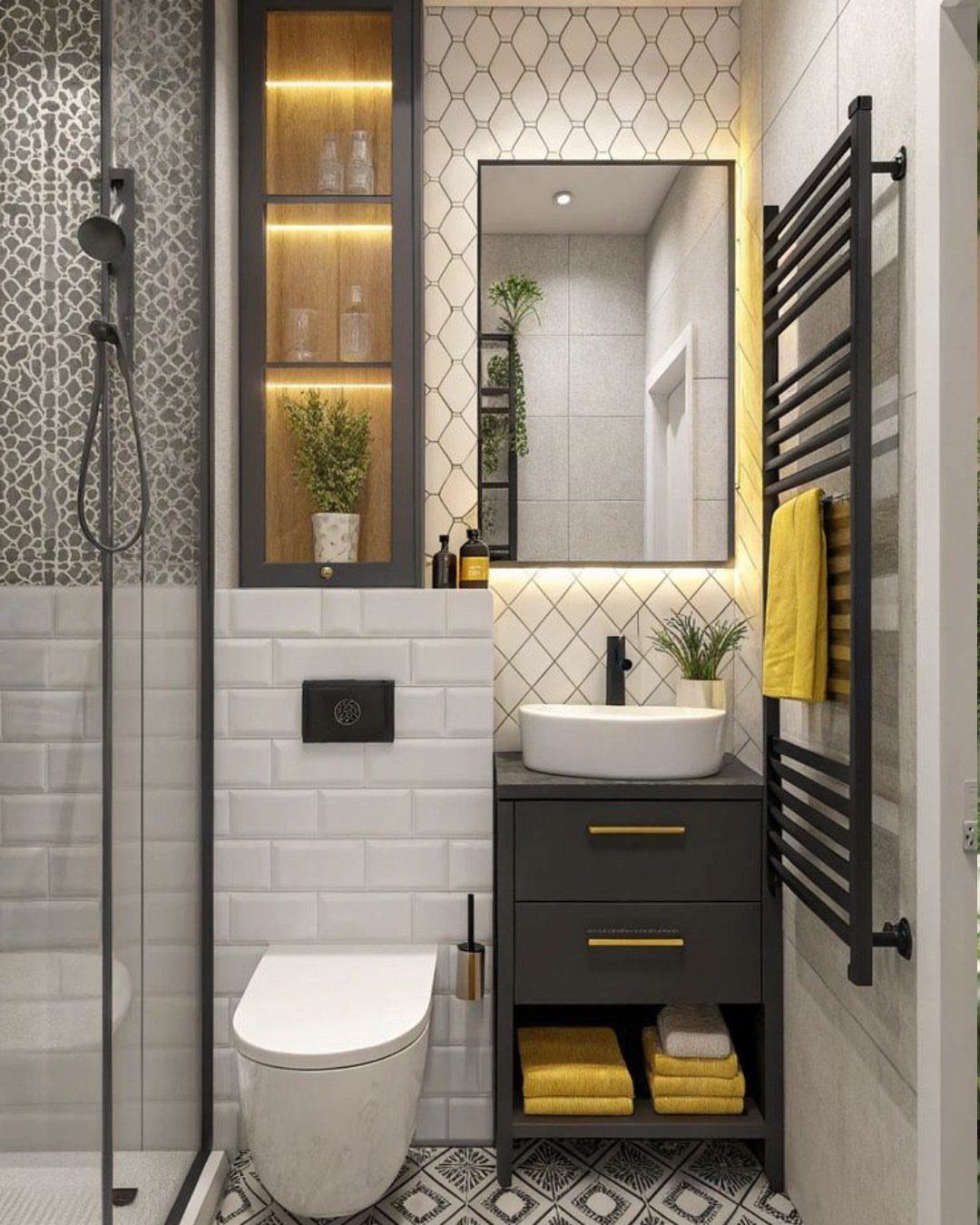 Modern small bathroom with black vanity, white toilet, and geometric wall tiles.