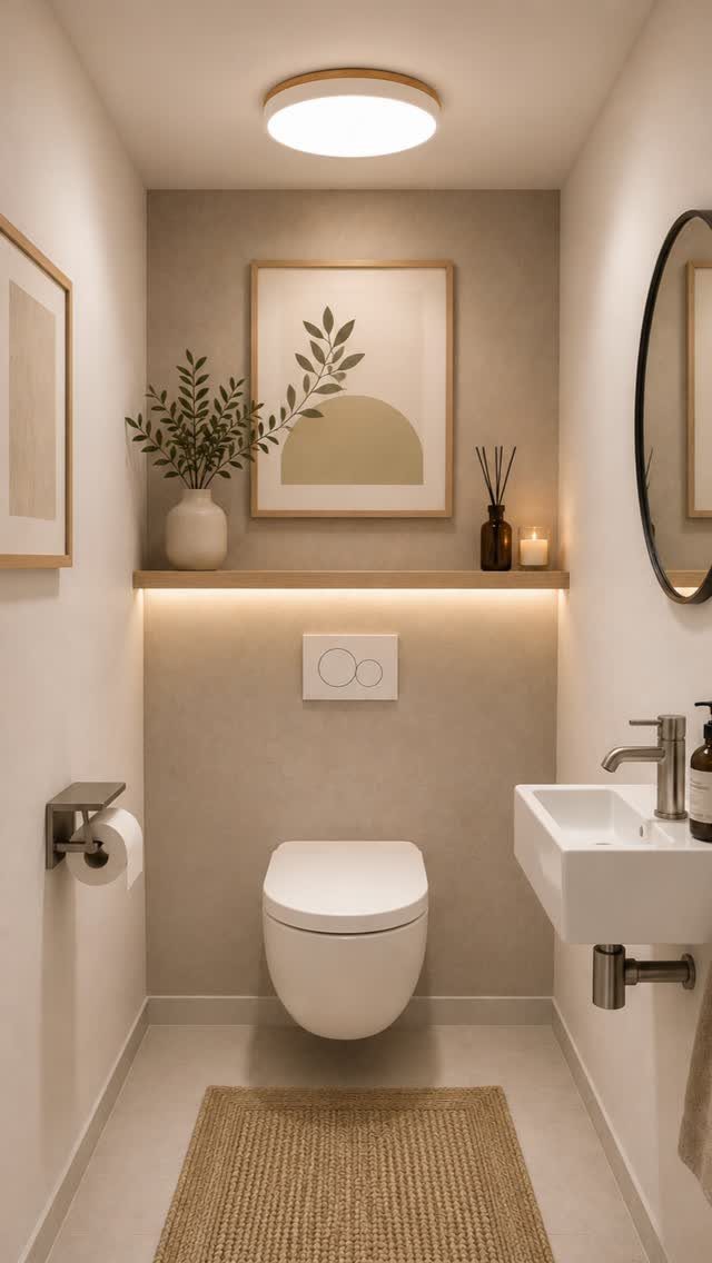 Small modern bathroom with beige walls, white fixtures, and a woven floor rug.