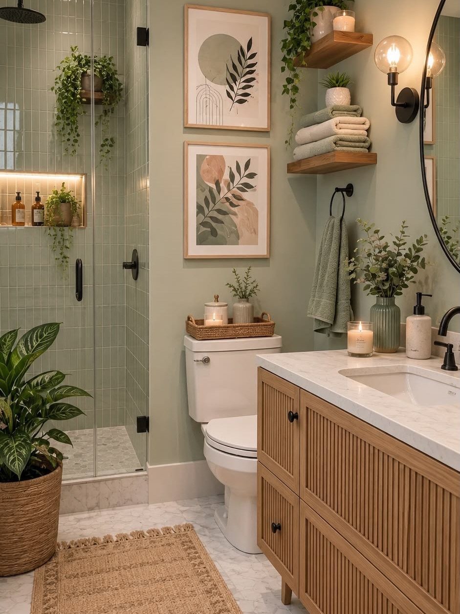 Potted green plants decorating a sage green bathroom with a wooden vanity.