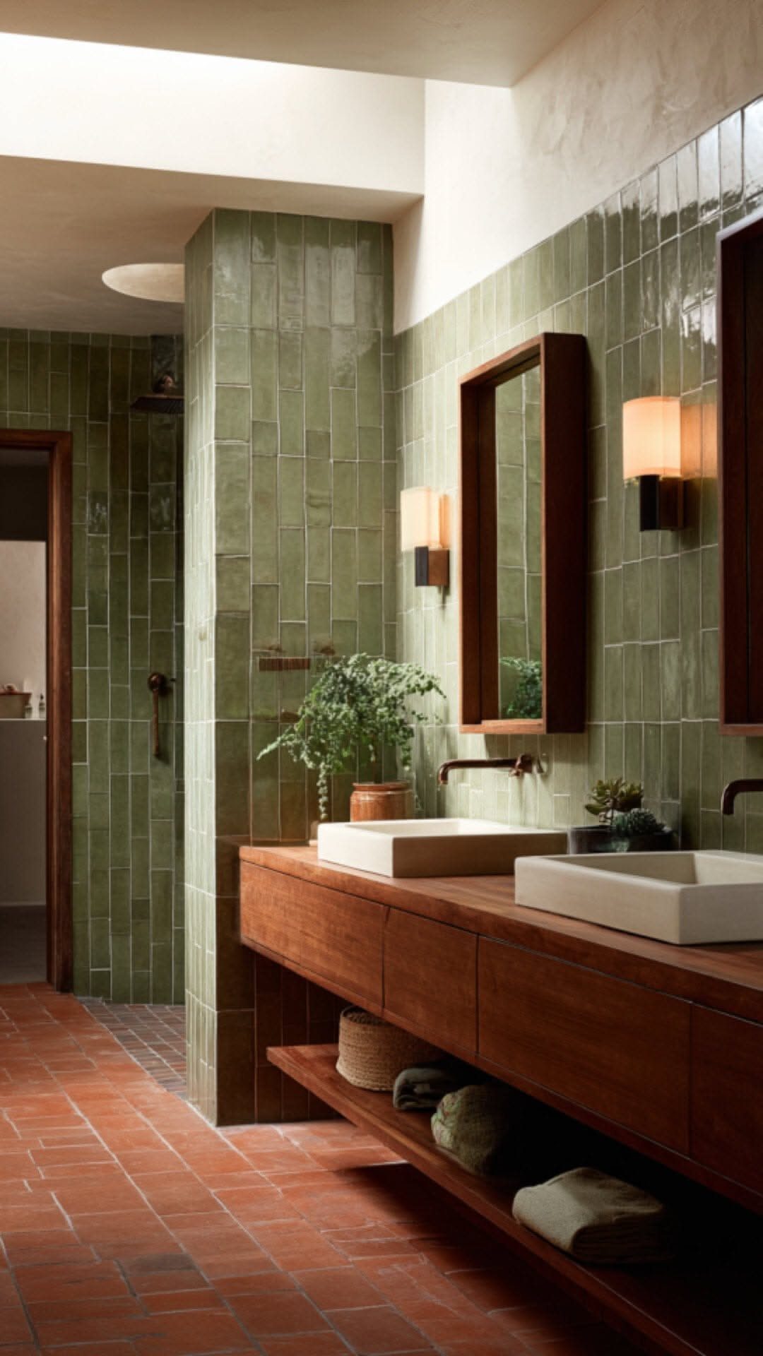 Sage green tiled bathroom walls with terra-cotta floors and a wooden vanity.