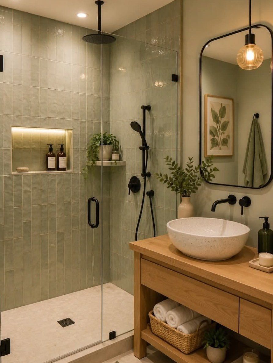 Sage green tiled bathroom with wooden vanity and a towel reflected in mirror