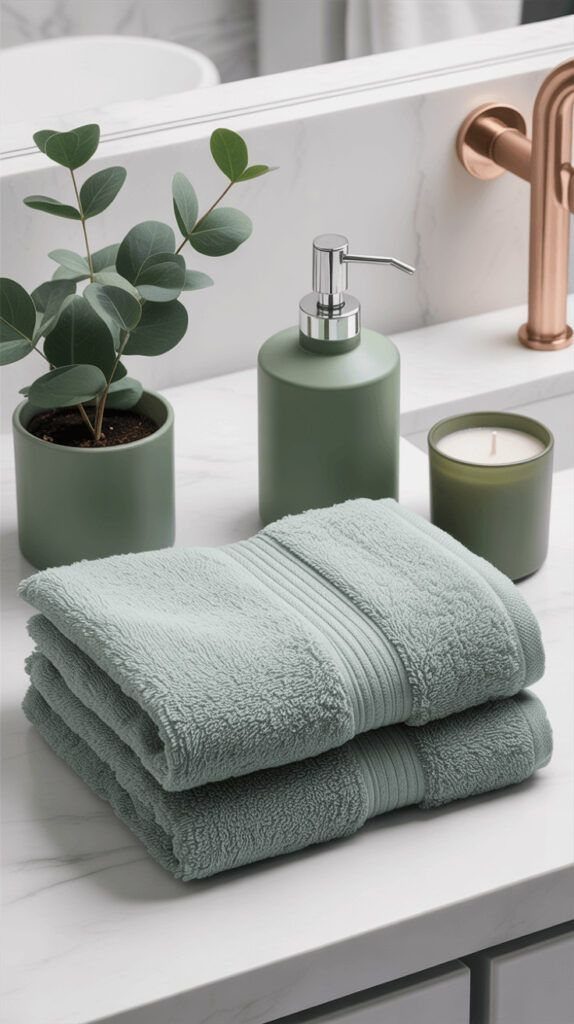 Stacked sage green towels on a white marble counter with matching bathroom accessories.