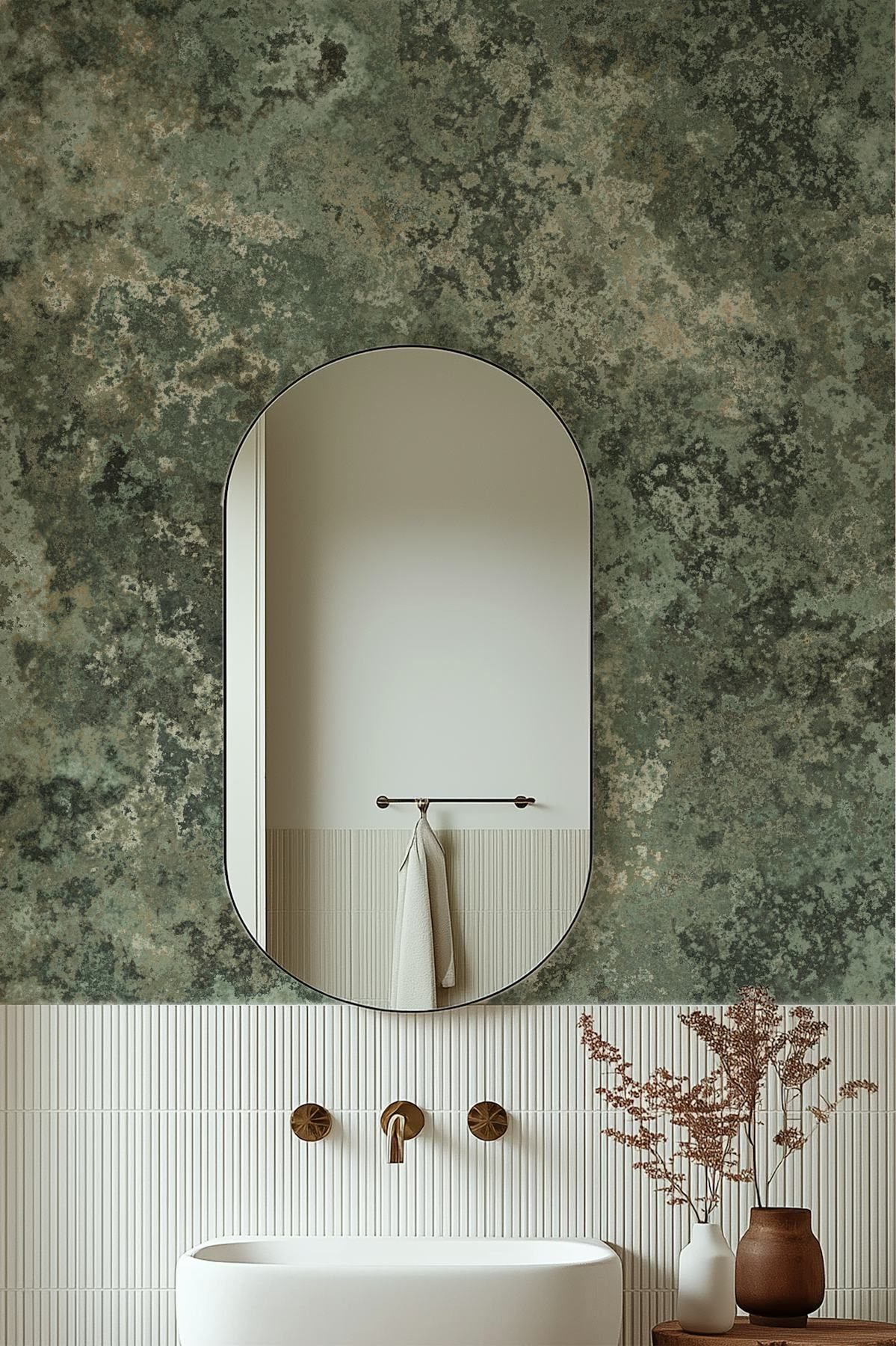 Sage green mottled wallpaper in a bathroom with a white vessel sink and mirror.