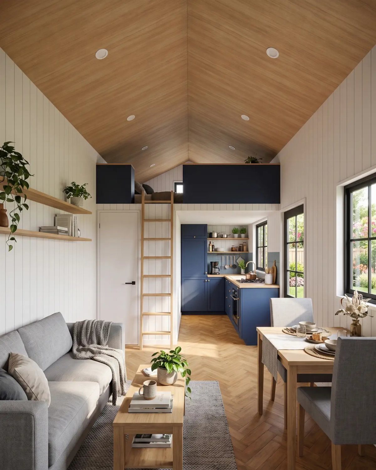 Modern small home interior with a blue kitchen and a lofted sleeping area.