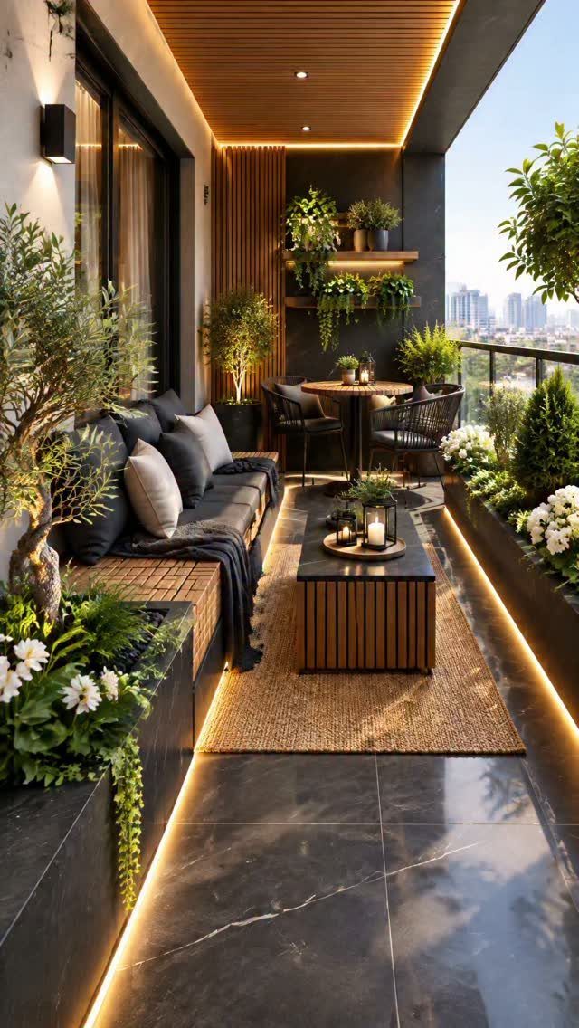 Modern balcony with wooden accents, grey fabric seating, metal furniture, and lush greenery.