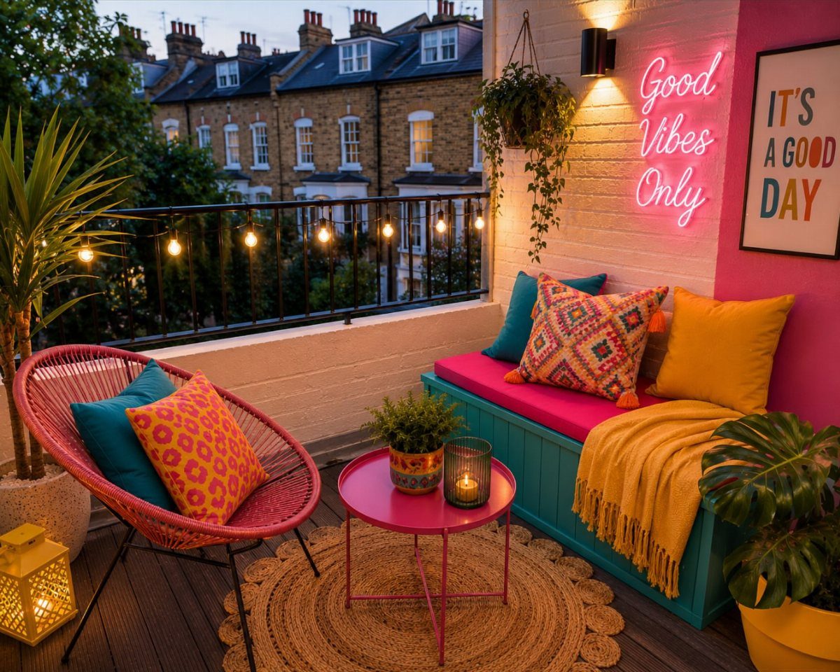 Colorful balcony with pink and blue furniture, bright cushions, and potted green plants.