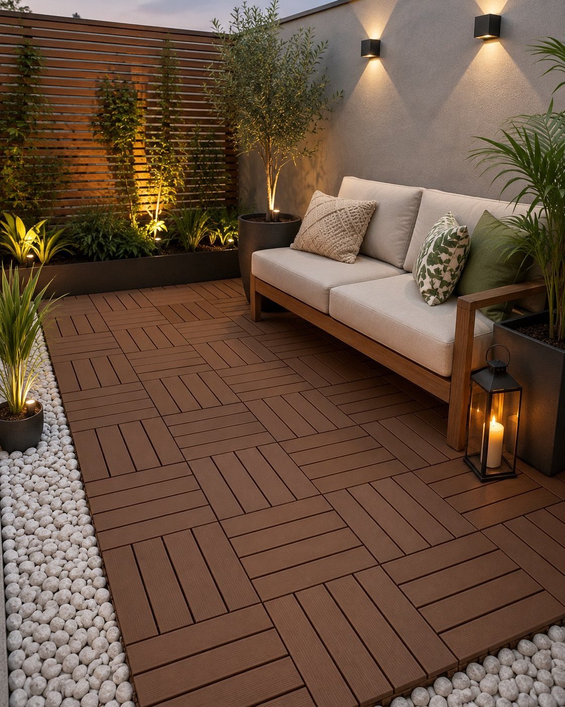 Brown interlocking deck tiles on a balcony with a beige outdoor sofa and plants.