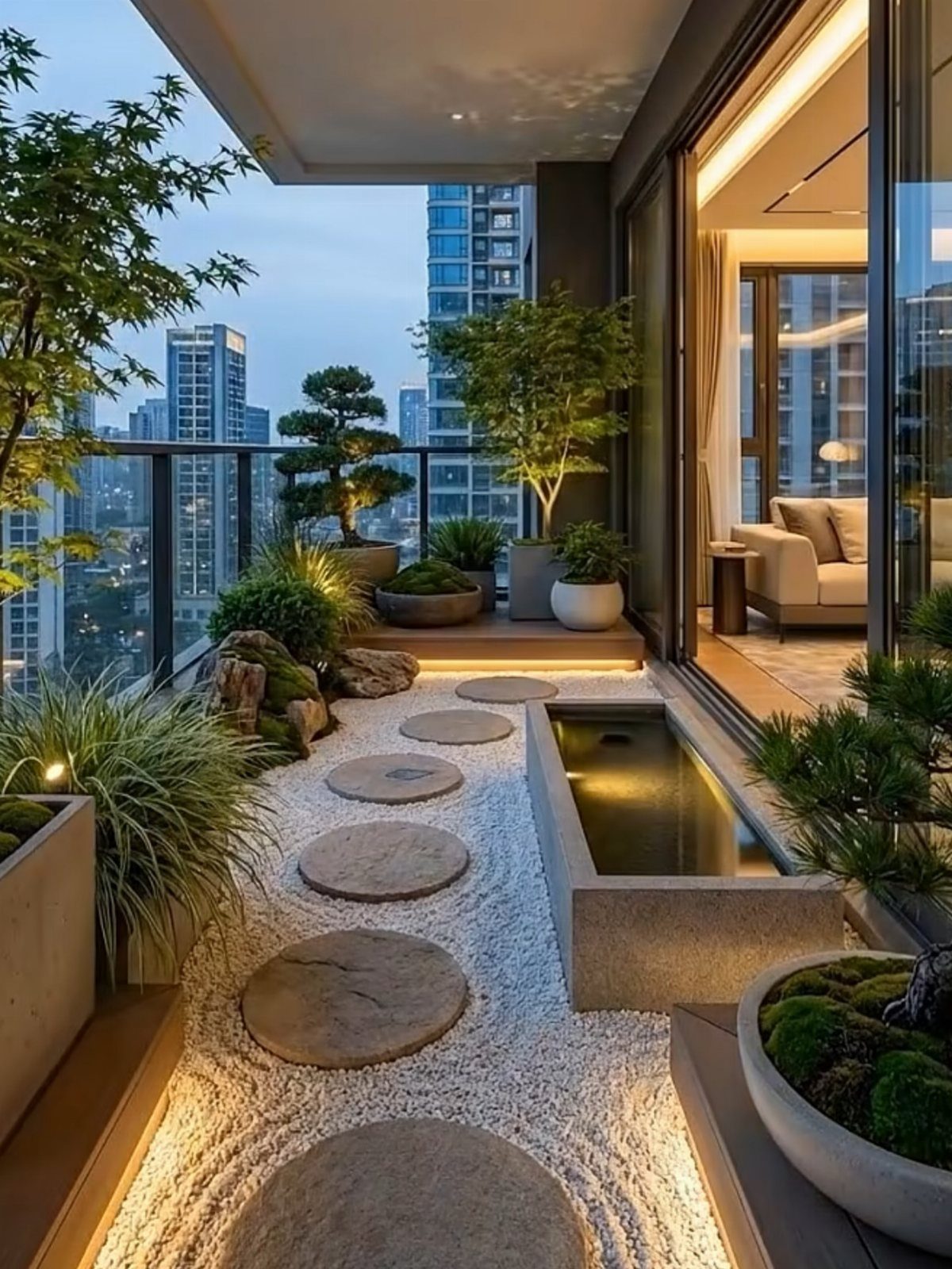 Modern balcony with a concrete water feature, white gravel, and potted bonsai plants.