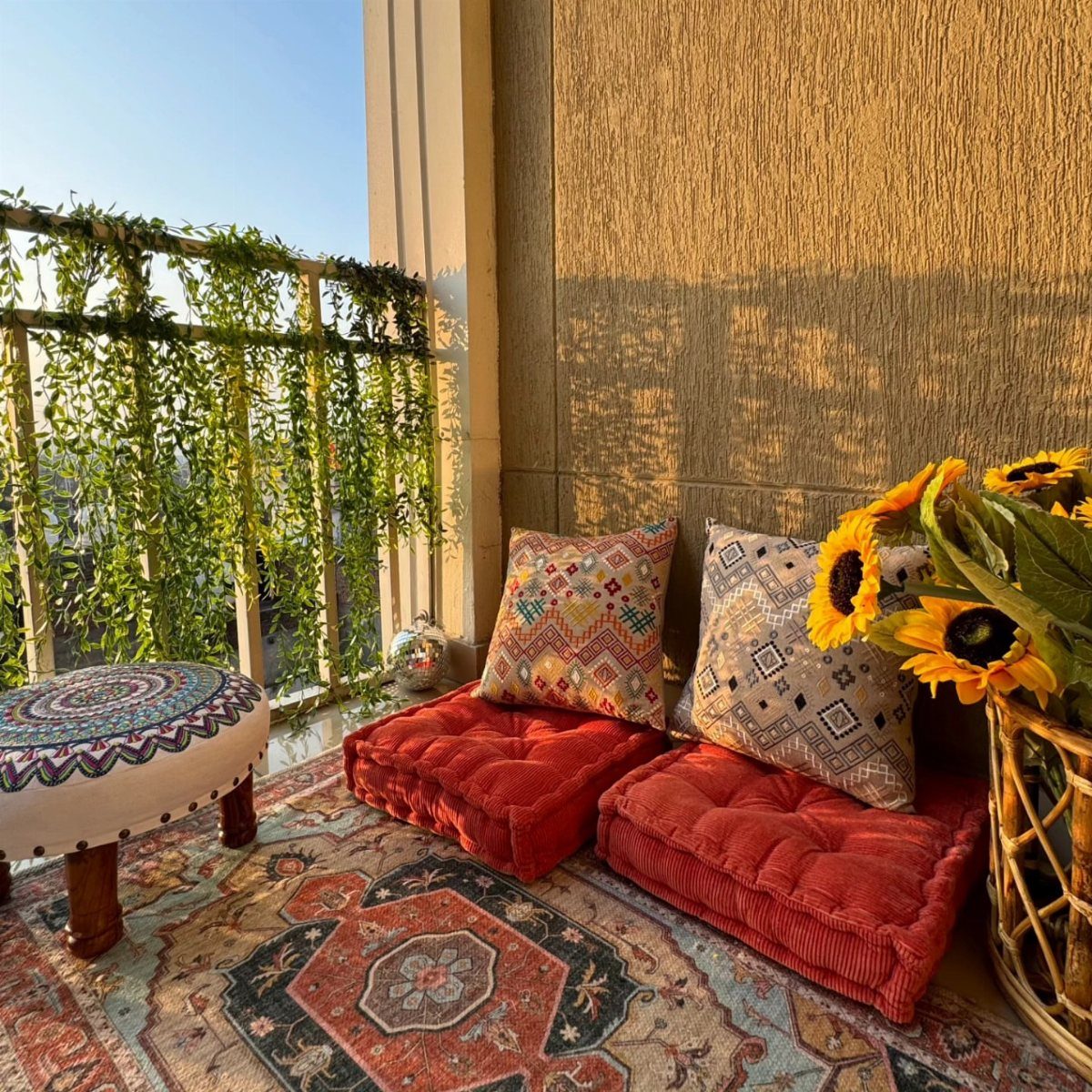 Red floor cushions and a patterned pouf on a rug on a balcony.
