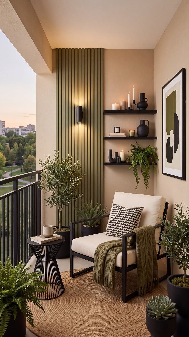 Woven circular outdoor rug on a small balcony with a cozy armchair and plants.