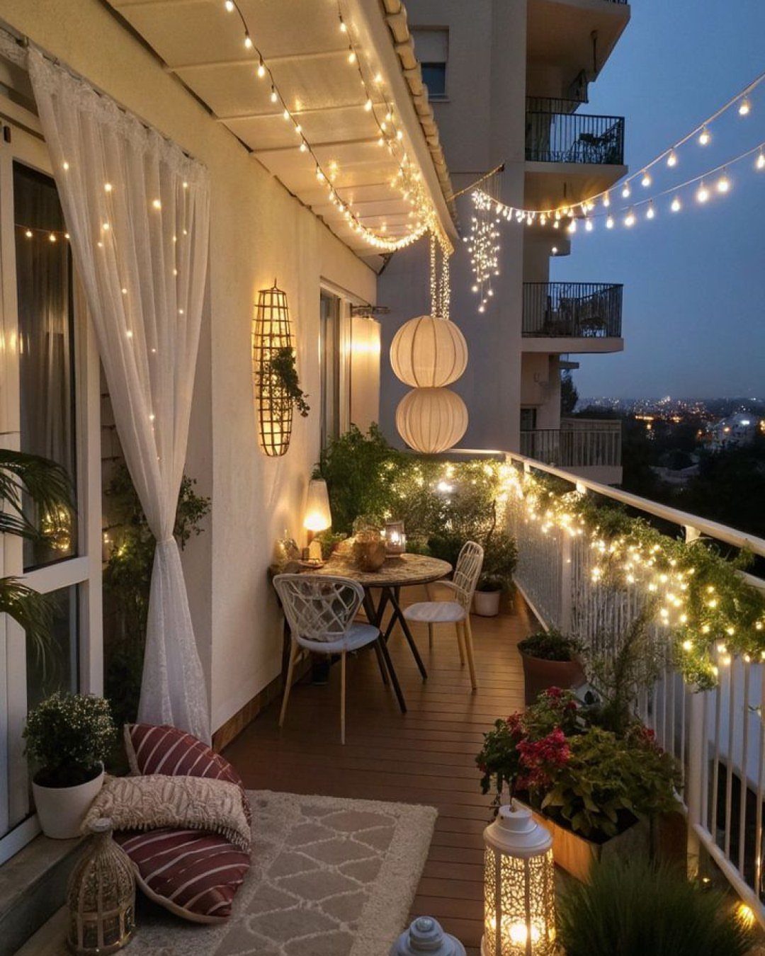 Cozy apartment balcony at dusk with warm string lights, bistro set, and plants.