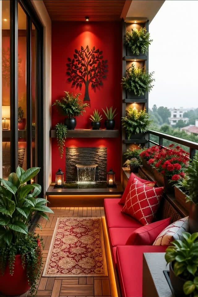 Vertical wall-mounted planters with green plants on a red balcony wall with seating.