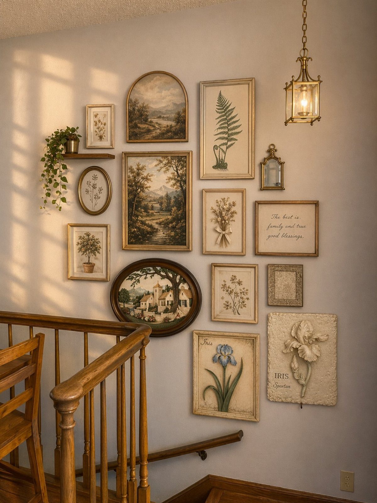 Gallery wall with framed botanical and landscape art above a wooden staircase railing.