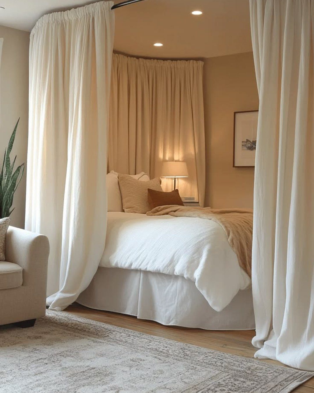 Cream floor-to-ceiling curtains framing a cozy bed with white linens and tan pillows.