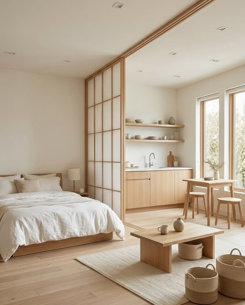 Minimalist studio apartment with a wooden room divider separating the bed from the kitchen.