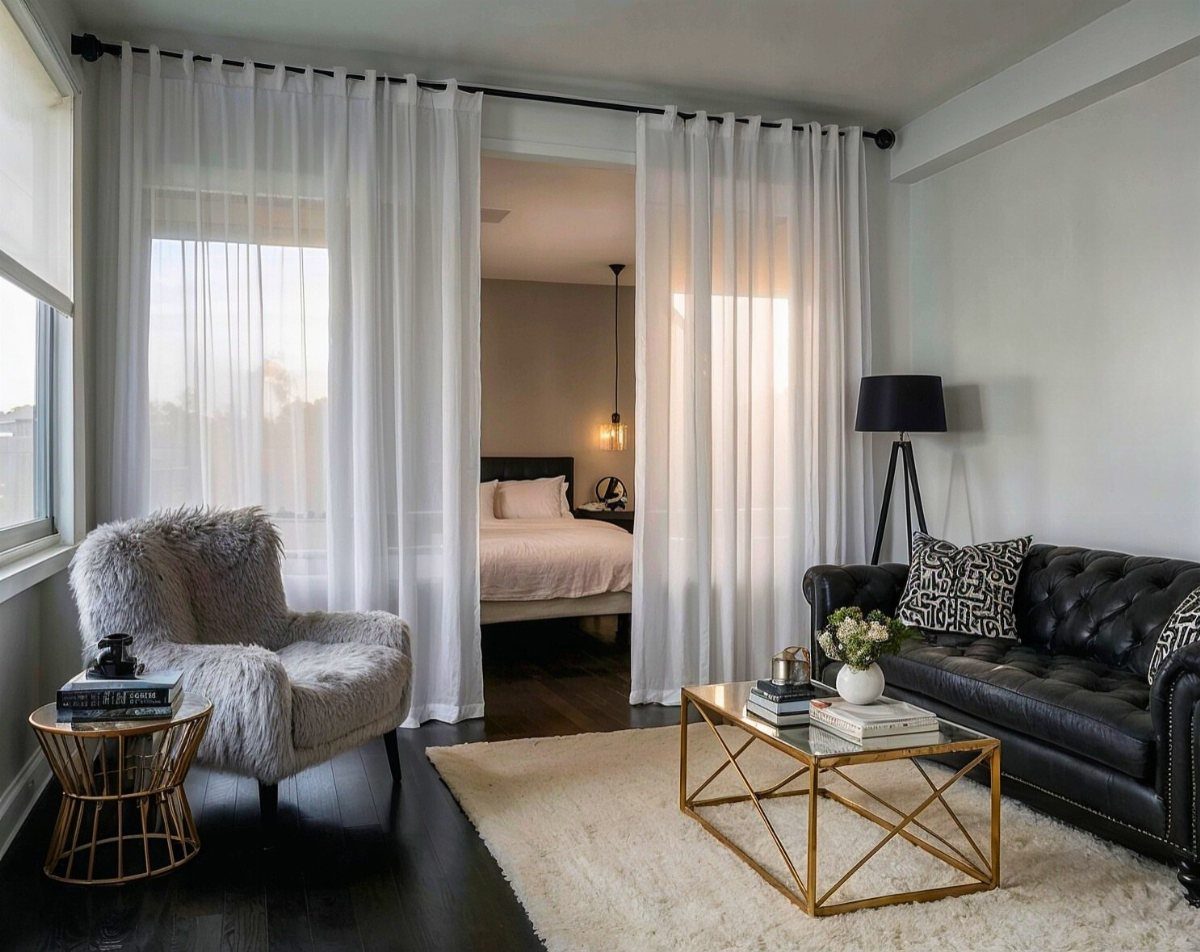 Cream colored area rug under a gold coffee table and black leather sofa