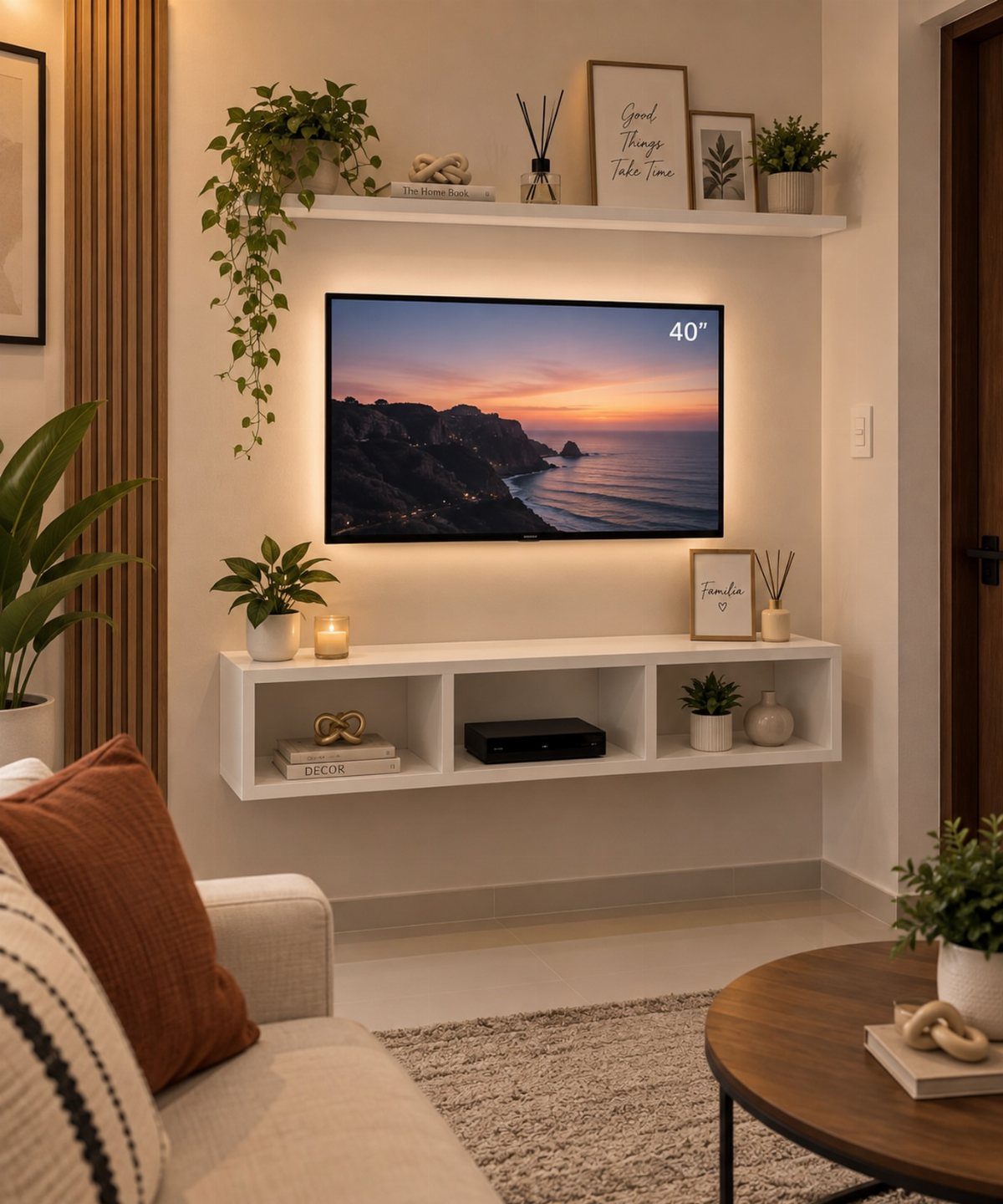 Wall-mounted television with floating shelves, indoor plants, and a cozy living room setup.