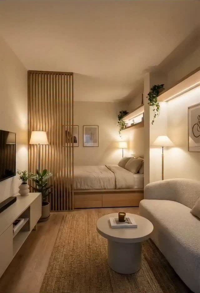 Small studio apartment with warm ambient lighting, wooden slat divider, and neutral furniture.