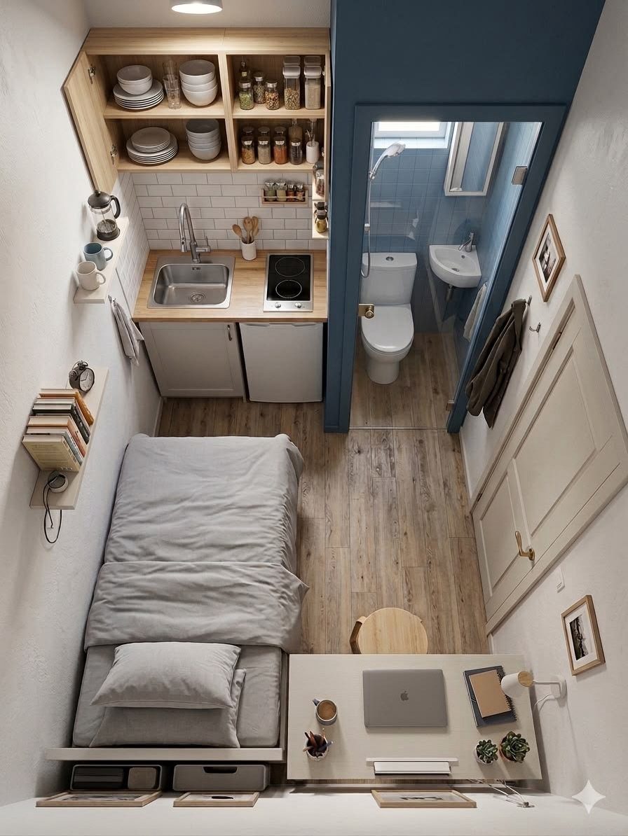 Tiny studio apartment layout combining a kitchenette, bed, desk, and small bathroom.