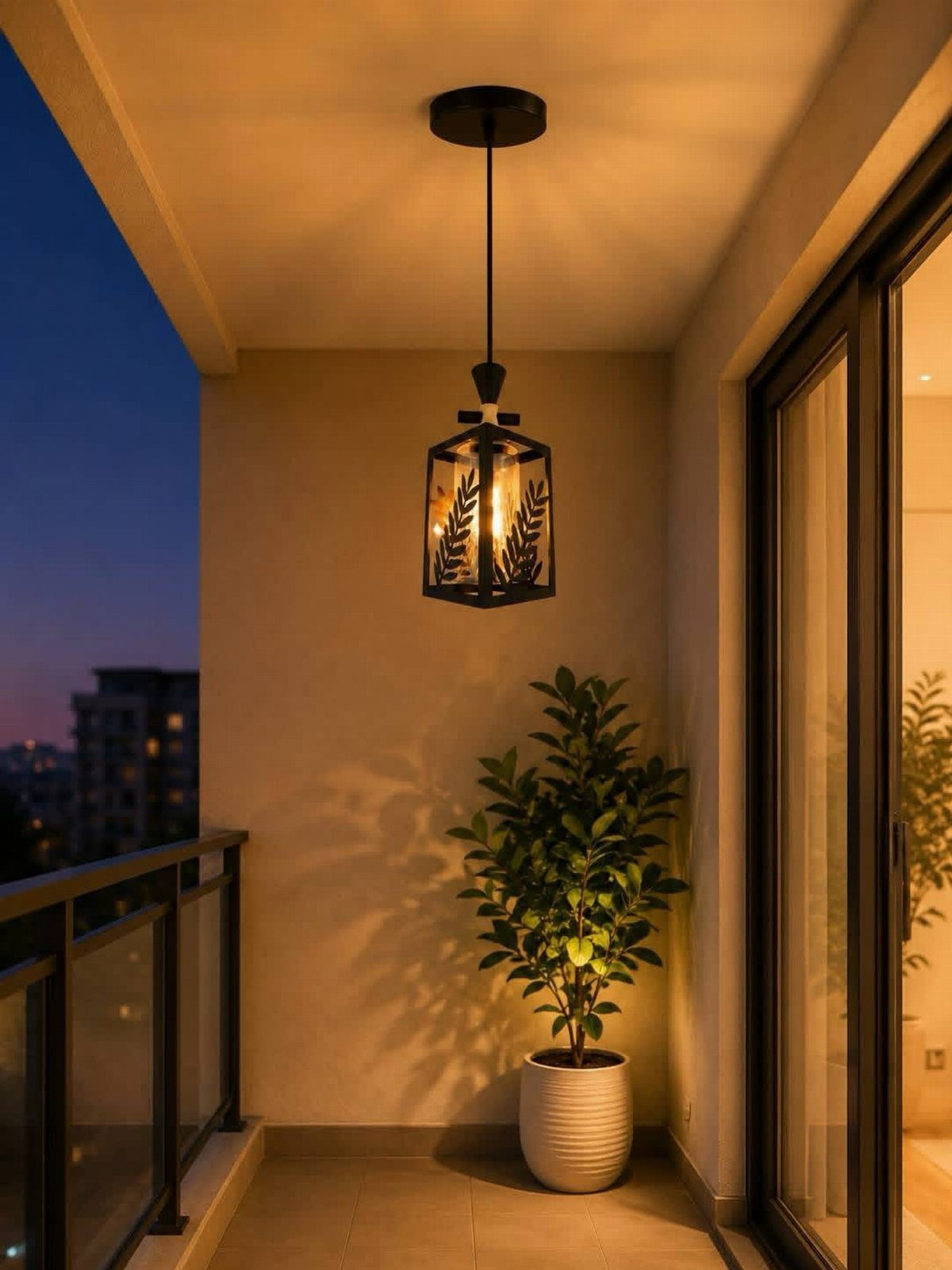 Black lantern pendant light hanging on a balcony with a potted green plant.