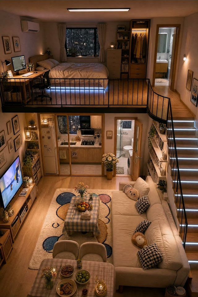 Small studio apartment with a loft bed and cohesive light wood interior design.