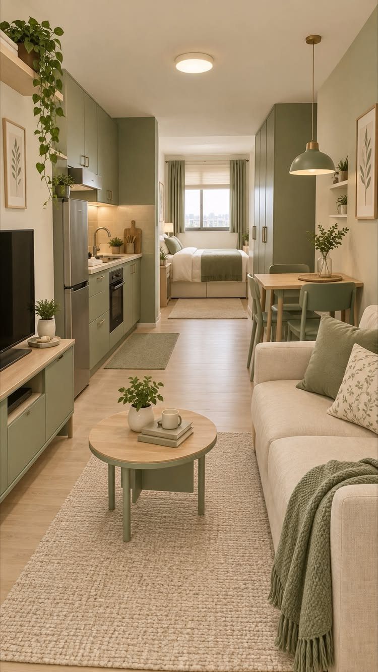 Small studio apartment with light green cabinetry, white sofa, and pale wood flooring.
