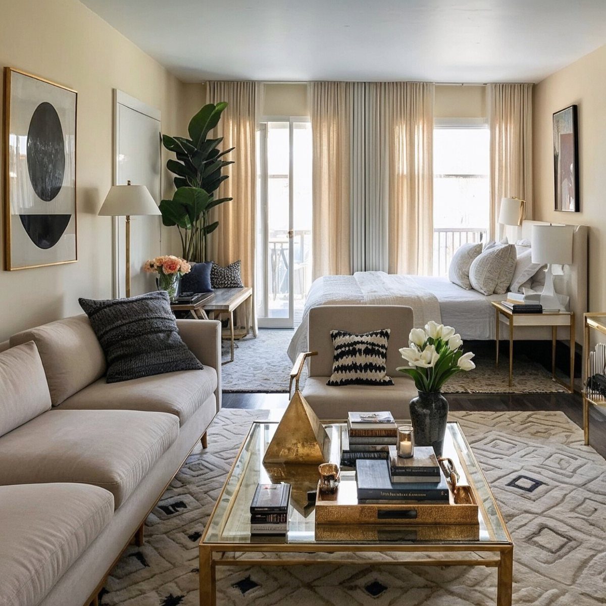 Studio apartment with patterned rugs defining separate living and sleeping areas.