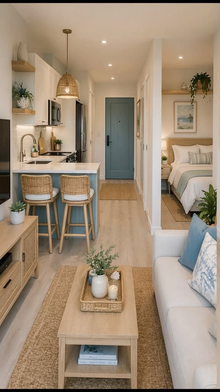 Small open-concept apartment with light wood furniture, white sofa, and neutral decor.