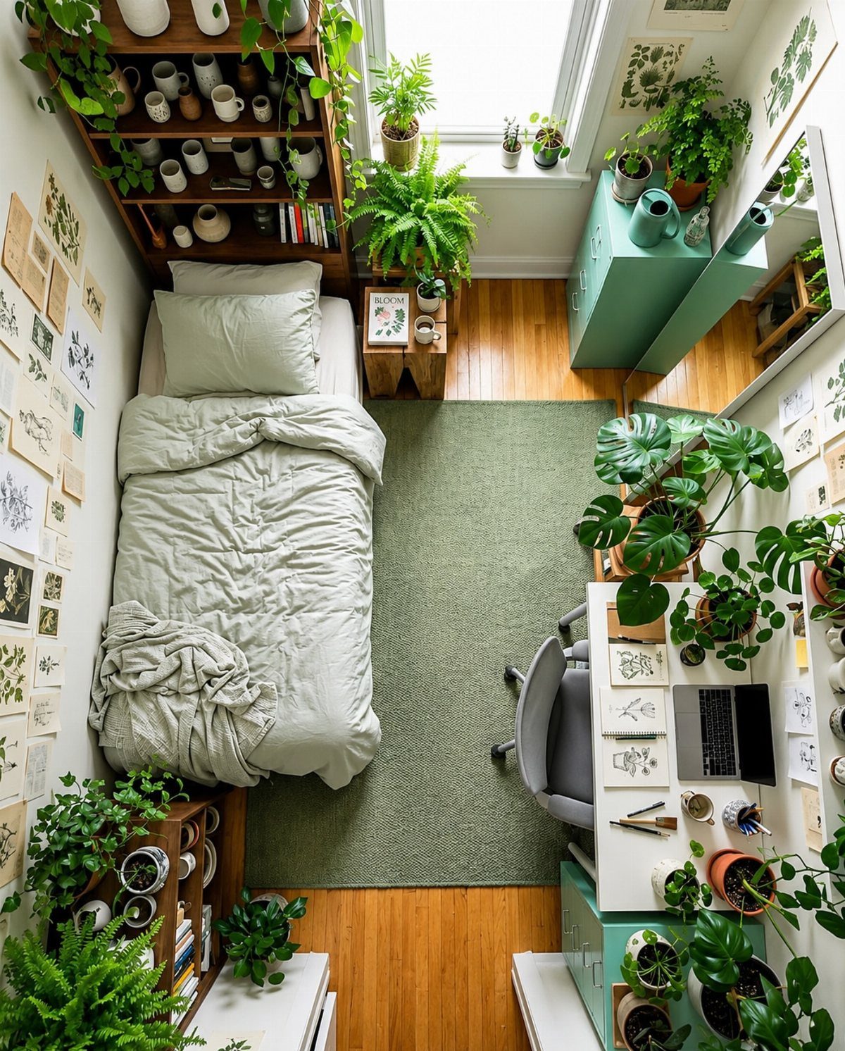 Small bedroom with wooden floors, green rug, and many potted indoor plants.