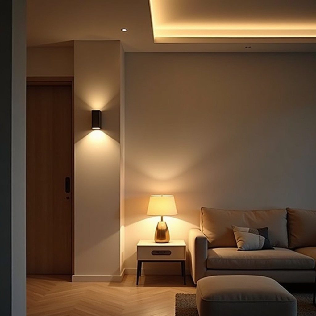 Black wall sconce emitting warm light next to a beige sofa and side table.