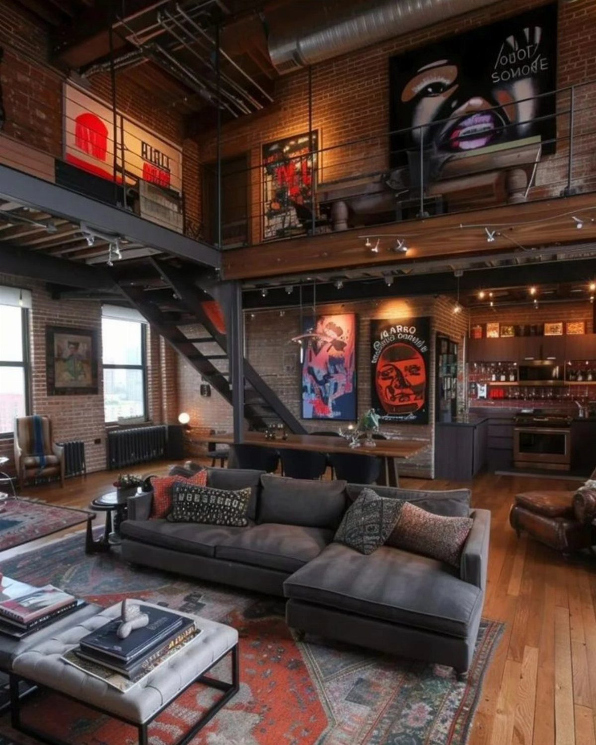 Industrial loft interior with open floor plan, grey sectional, and mezzanine level.