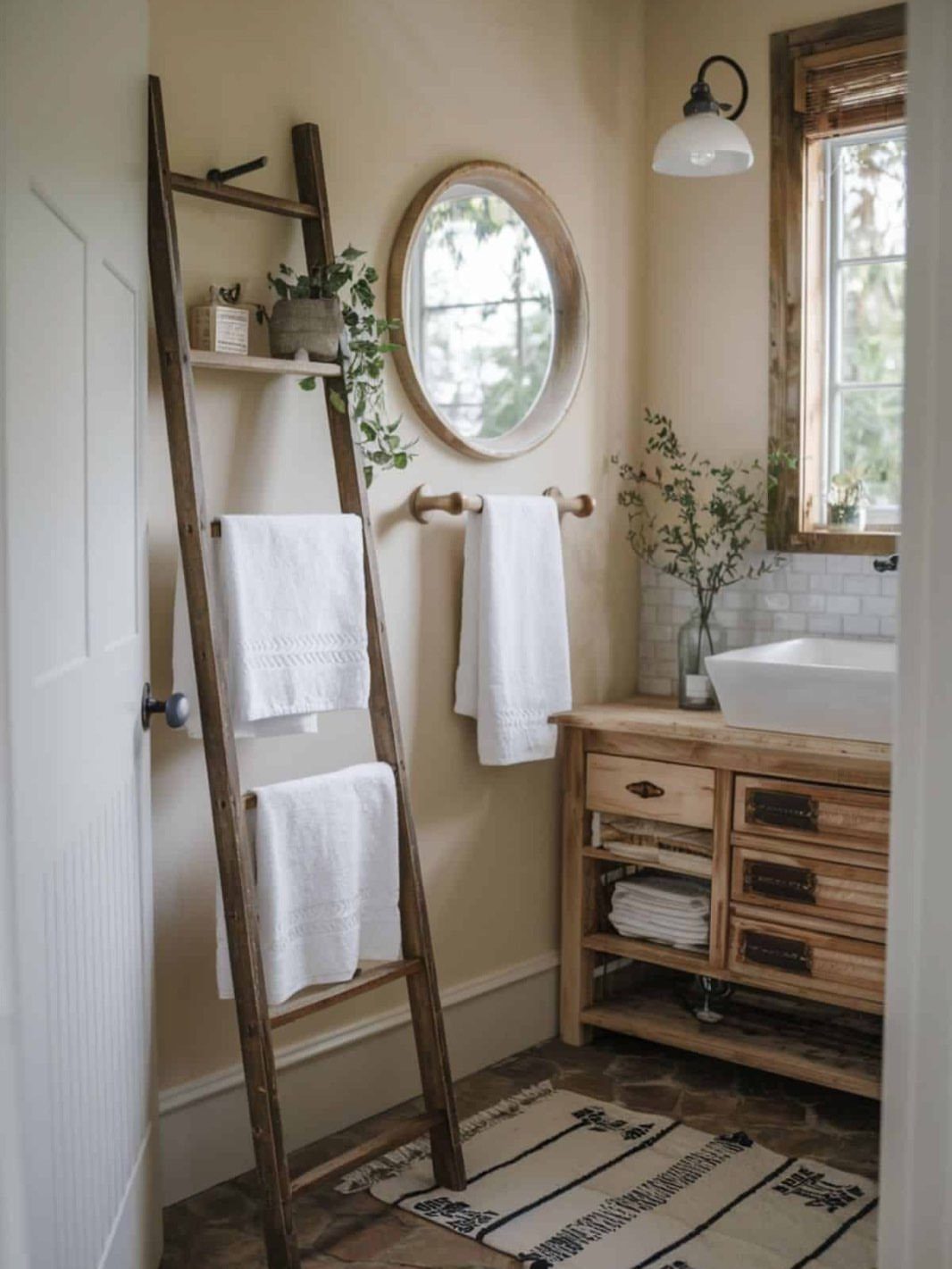 Wooden decorative ladder leaning against a wall holding white towels in a bathroom