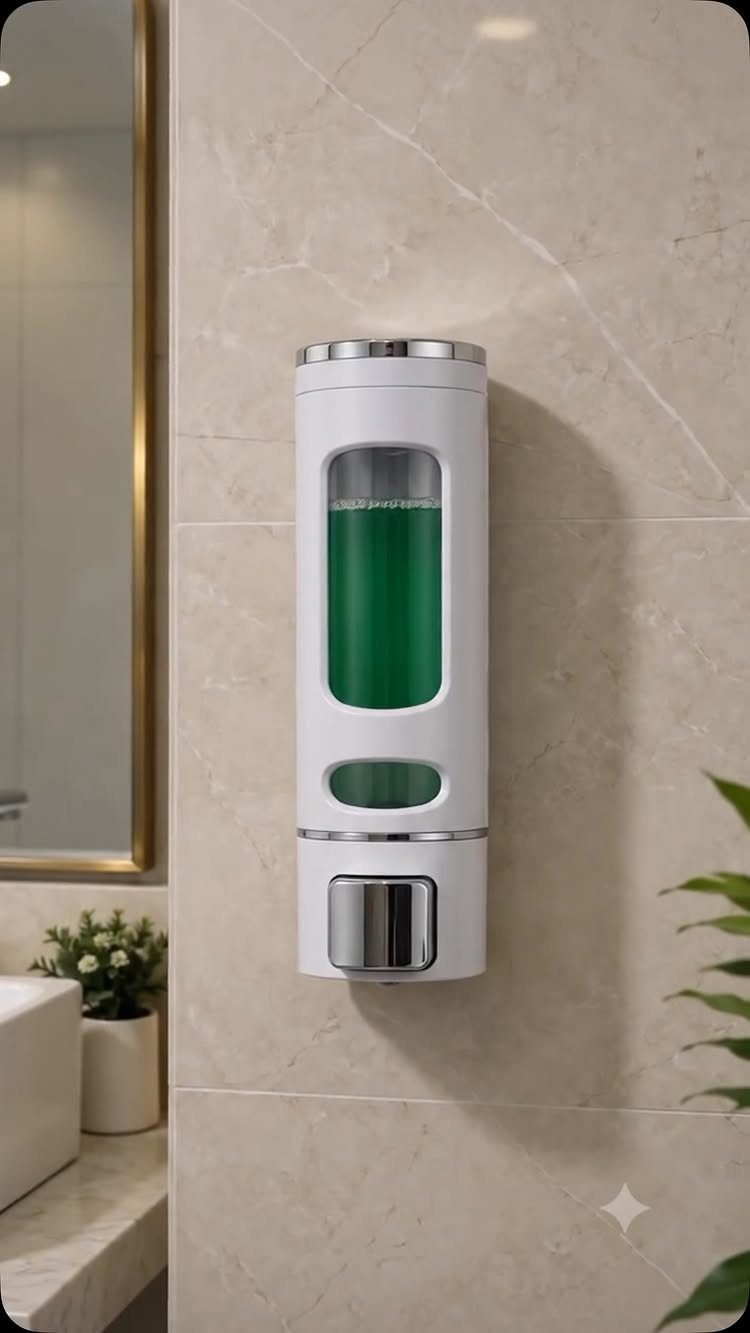 White wall-mounted soap dispenser with green liquid on a beige marble wall.