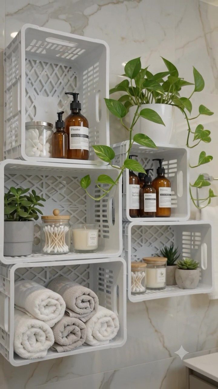 White plastic crates mounted on marble wall holding towels, toiletries, and green plants.