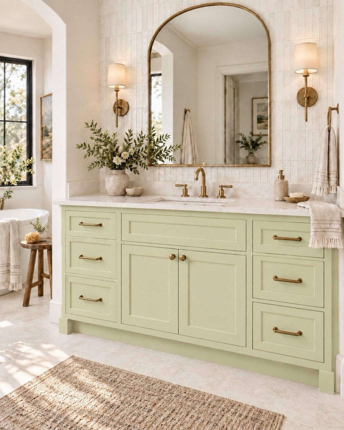 Celery green bathroom vanity with gold hardware and an arched gold mirror.