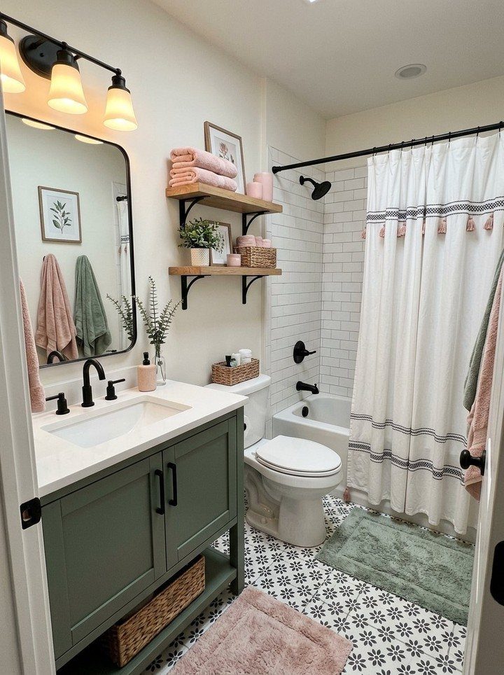 Muted sage green bathroom vanity with white walls and patterned floor tiles.